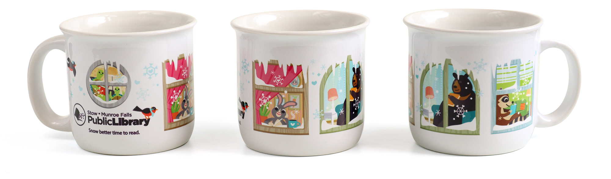 campfire style mug with wraparound design showing animals reading in window frames