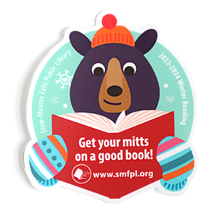 decal with design of a bear wearing mittens and reading a book