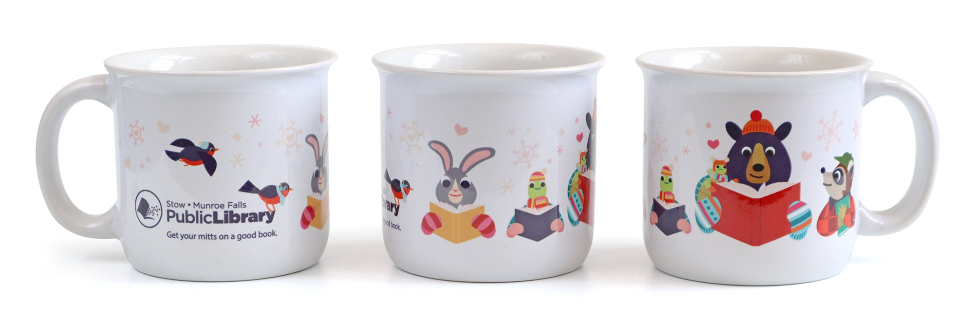 mug with wrap-around design of cartoon animals wearing mittens and reading books